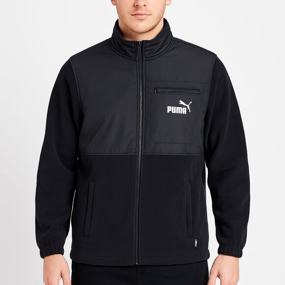 Puma Mens Black Zip-Up Fleece Jacket With Nylon Chest Panel & Logo Size XL - Picture 1 of 14